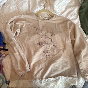 Matilda Jane Beige Sweatshirt with Floral Line Art and Lace Hem